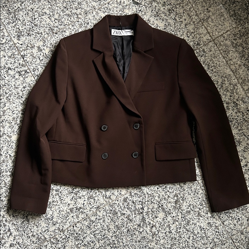 Zara Dark Brown Double-Breasted Cropped Blazer